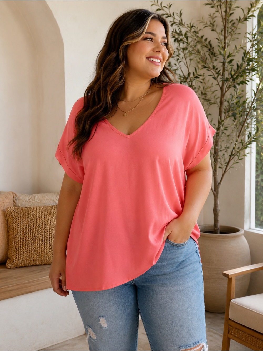 Express Coral V-Neck Short Sleeve Tee